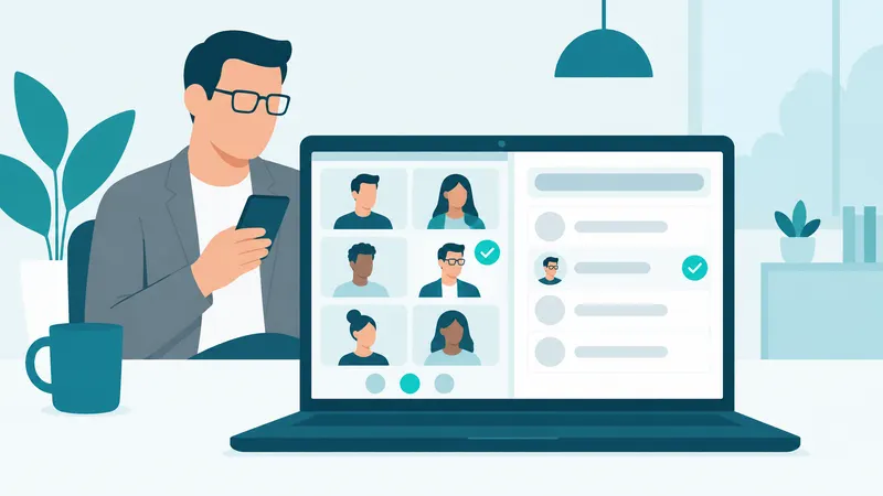 Un portátil dividido: a la izquierda una videollamada y a la derecha el portal con su avatar marcado como presente