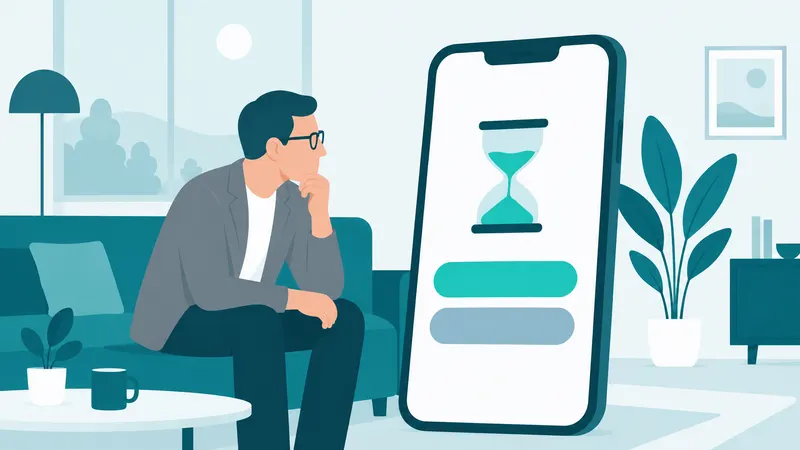 Un celular con dos botones grandes, uno turquesa y otro gris, y un reloj de arena