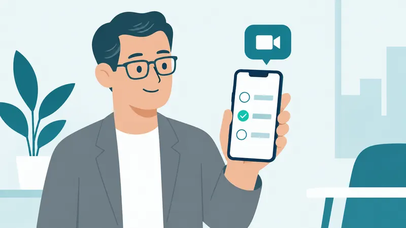 Un celular con tres opciones de voto y una marca de verificación; arriba, una notificación de videollamada