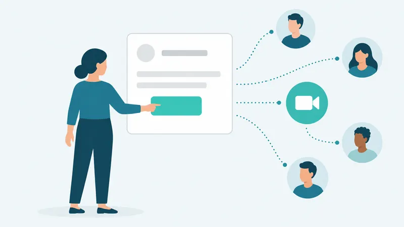 Lucía pulsa un botón de convocar en un panel; líneas salen hacia cuatro avatares y un ícono de videollamada
