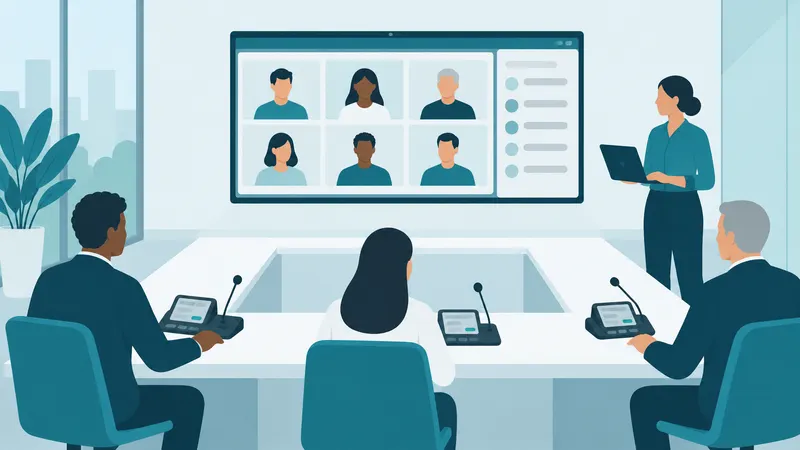 Sala con puestos; varios delegados sentados ante su unidad con teclado y, en una pantalla, avatares de participantes remotos