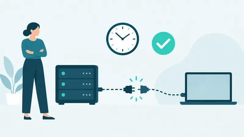 Un servidor y un portátil unidos por un cable de línea punteada que se vuelve a conectar, con un reloj y una marca de verificación